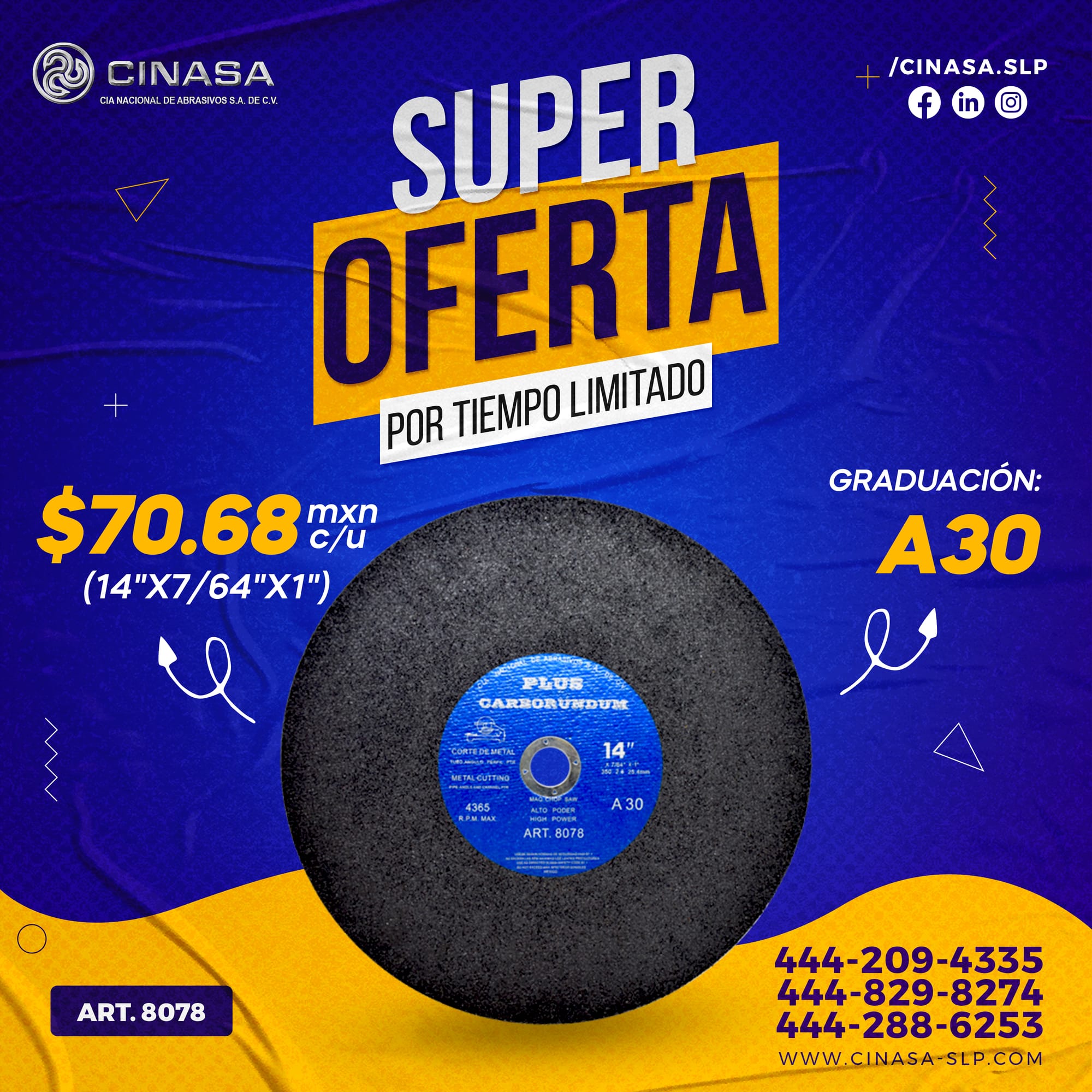 DISCO DE CORTE PARA ACERO AL CARBÓN de 14"