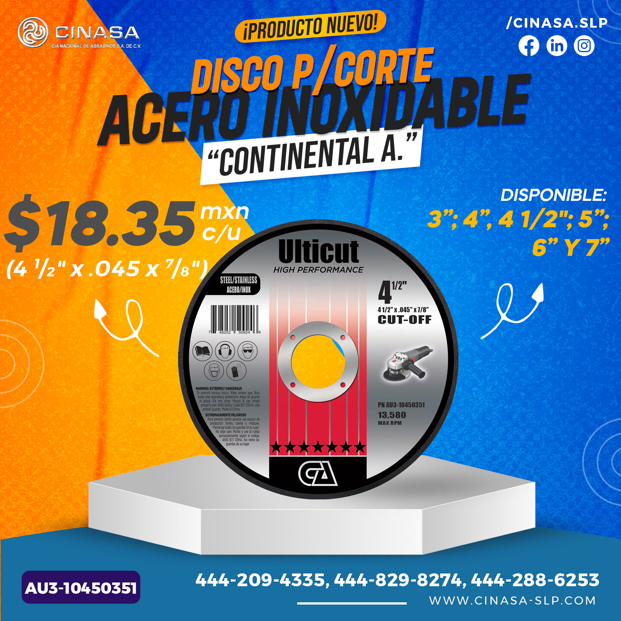 DISCO DE CORTE PARA ACERO INOXIDABLE PARA ALTO RENDIMIENDO MARCA CONTINENTAL ABRASIVES