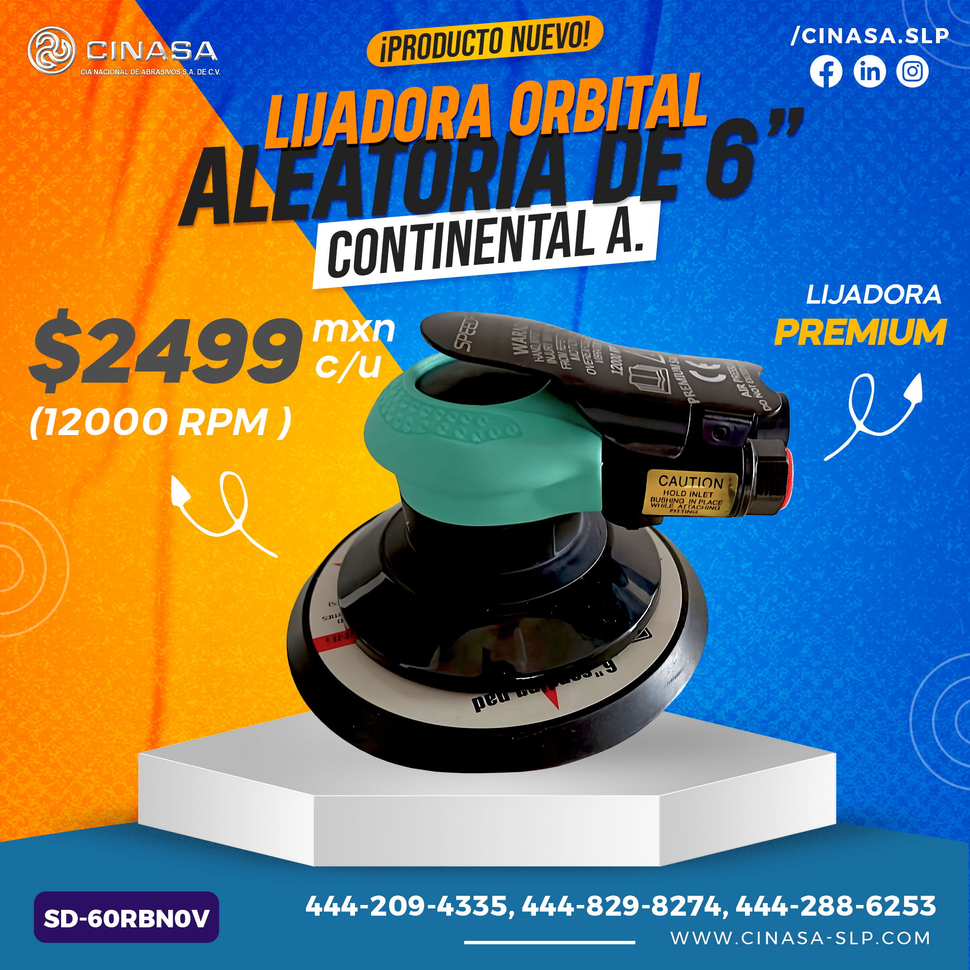 LIJADORA ORBITAL ALEATORIA PROFESIONAL DE DOBLE ACCIÓN MARCA CONTINENTAL ABRASIVES