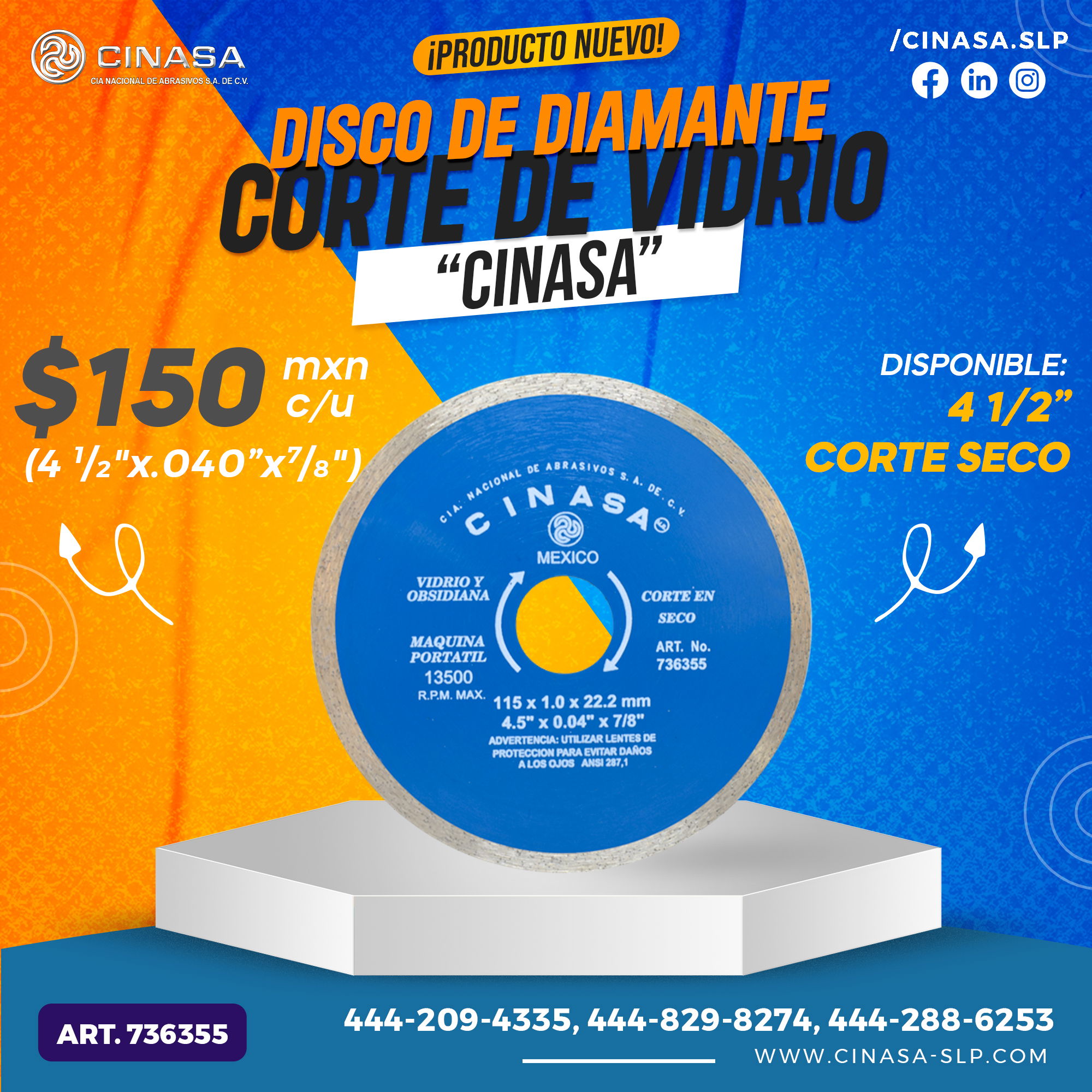 DISCO DE DIAMANTE PARA CORTE DE VIDRIO Y OBSIDIANA MARCA CINASA