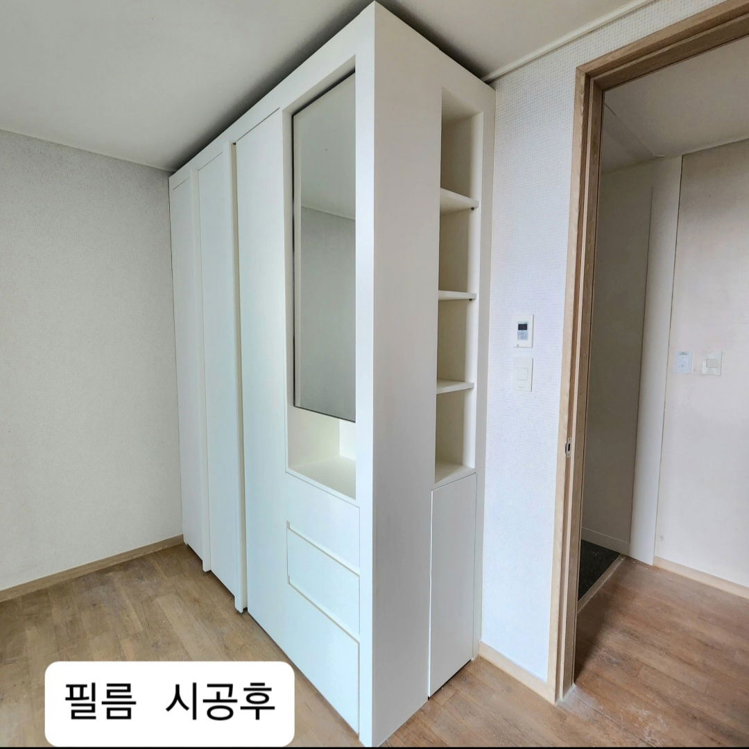 주방씽크대, 붙박이장, 신발장, 화장대, 서랍장, 복도 외벽 전체