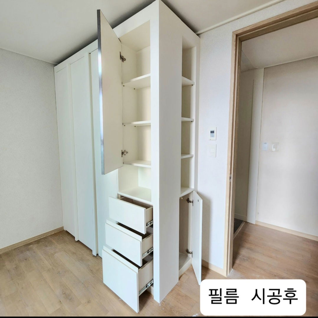 주방씽크대, 붙박이장, 신발장, 화장대, 서랍장, 복도 외벽 전체