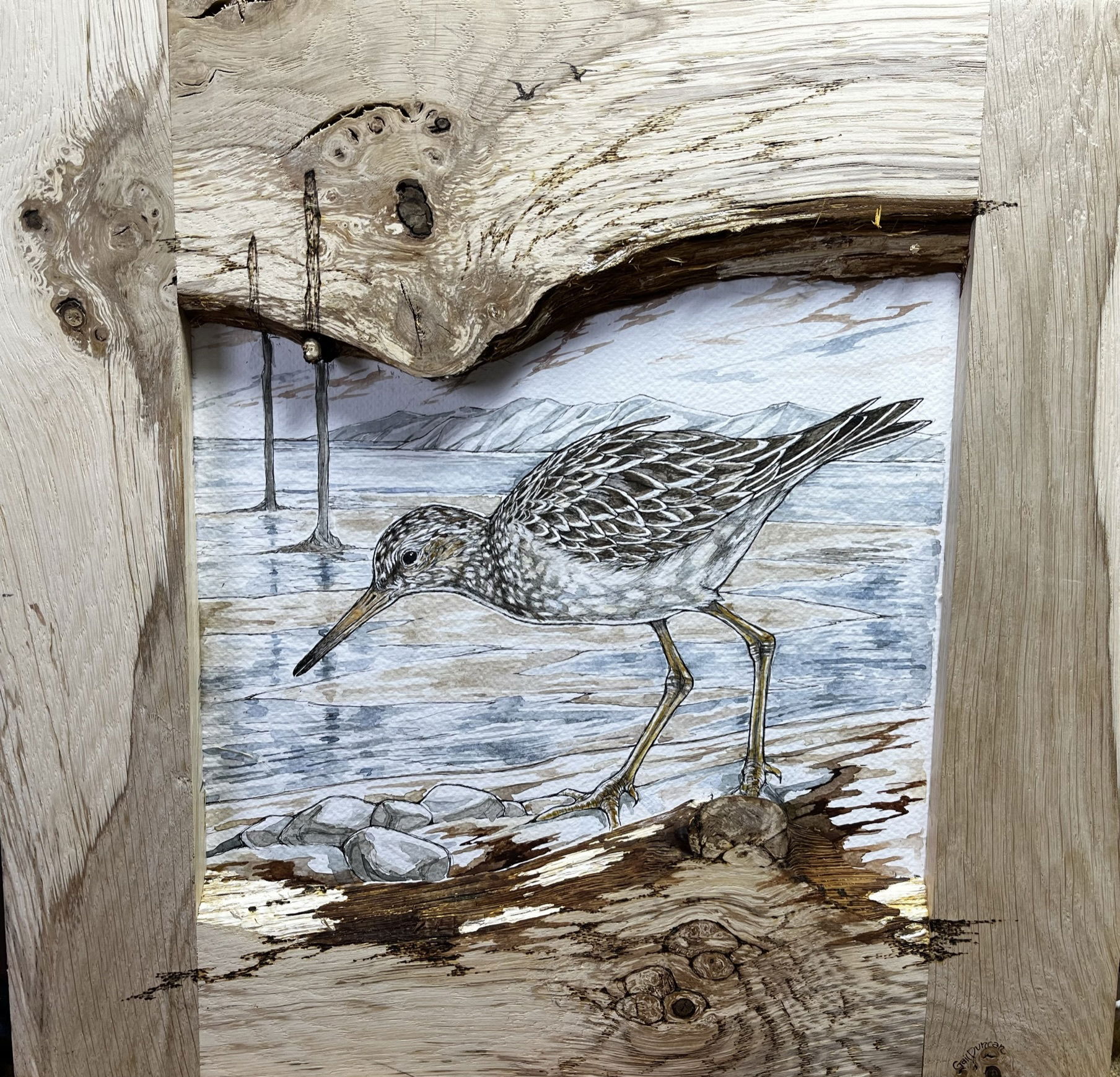 Bespoke hardwood frames, pen and ink illustration, and pyrography - 'PINKS'