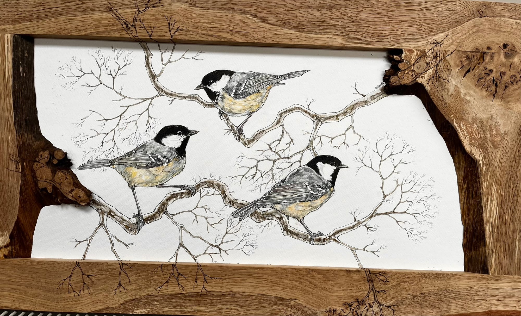 Bespoke hardwood frames, pen and ink illustration, and pyrography - 'PINKS'