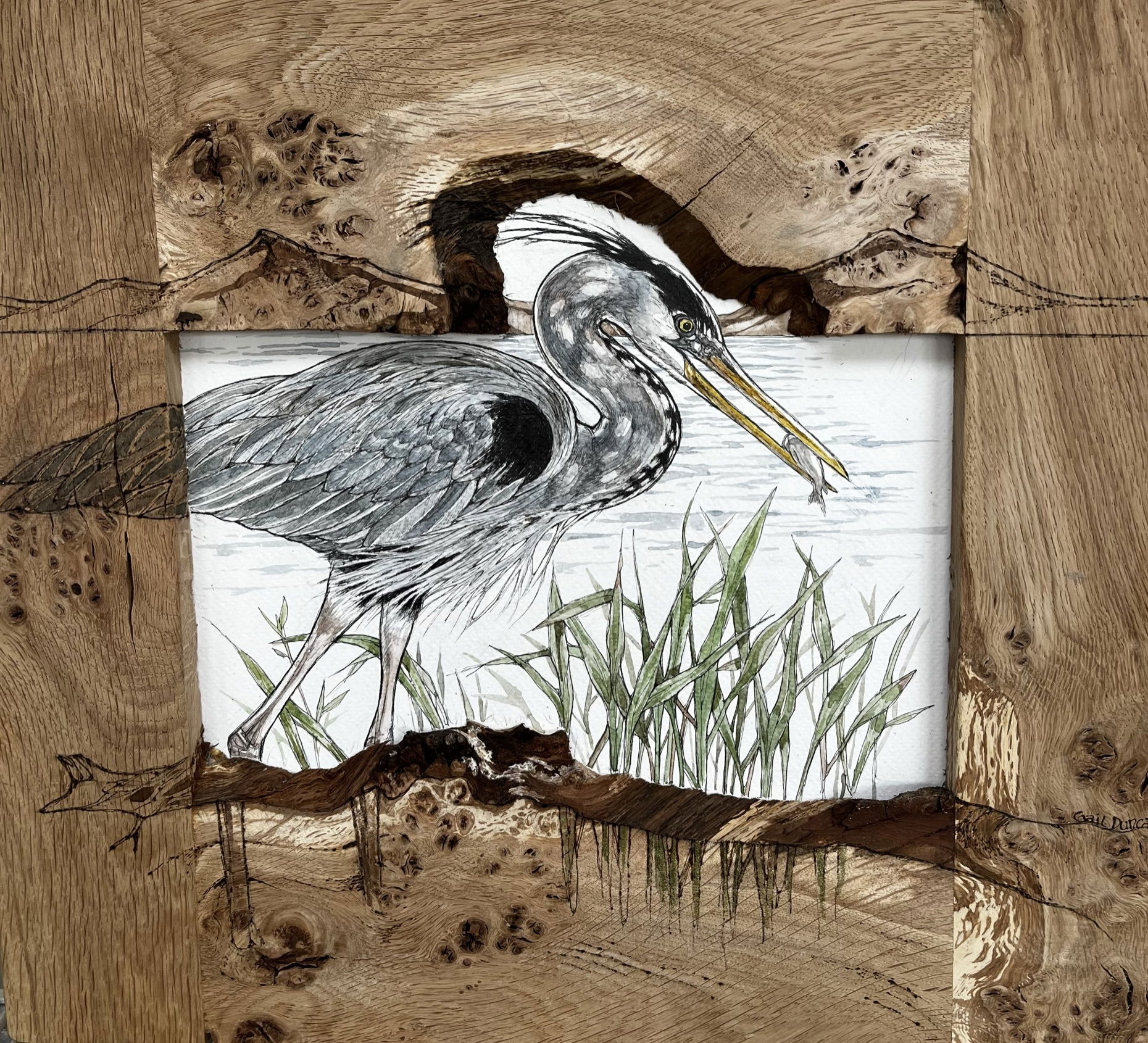 Bespoke hardwood frames, pen and ink illustration, and pyrography - 'PINKS'