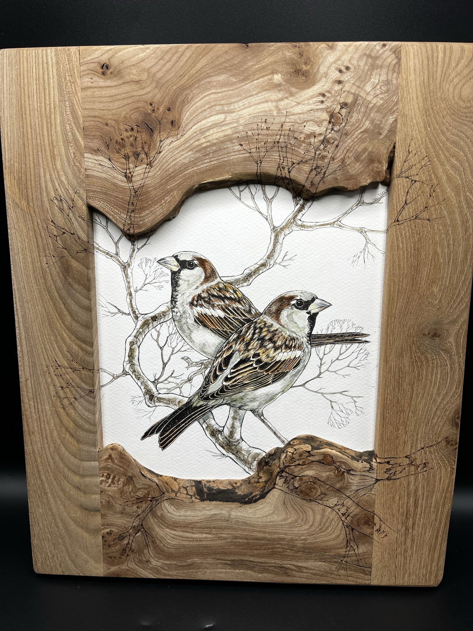 Bespoke hardwood frames, pen and ink illustration, and pyrography - 'PINKS'
