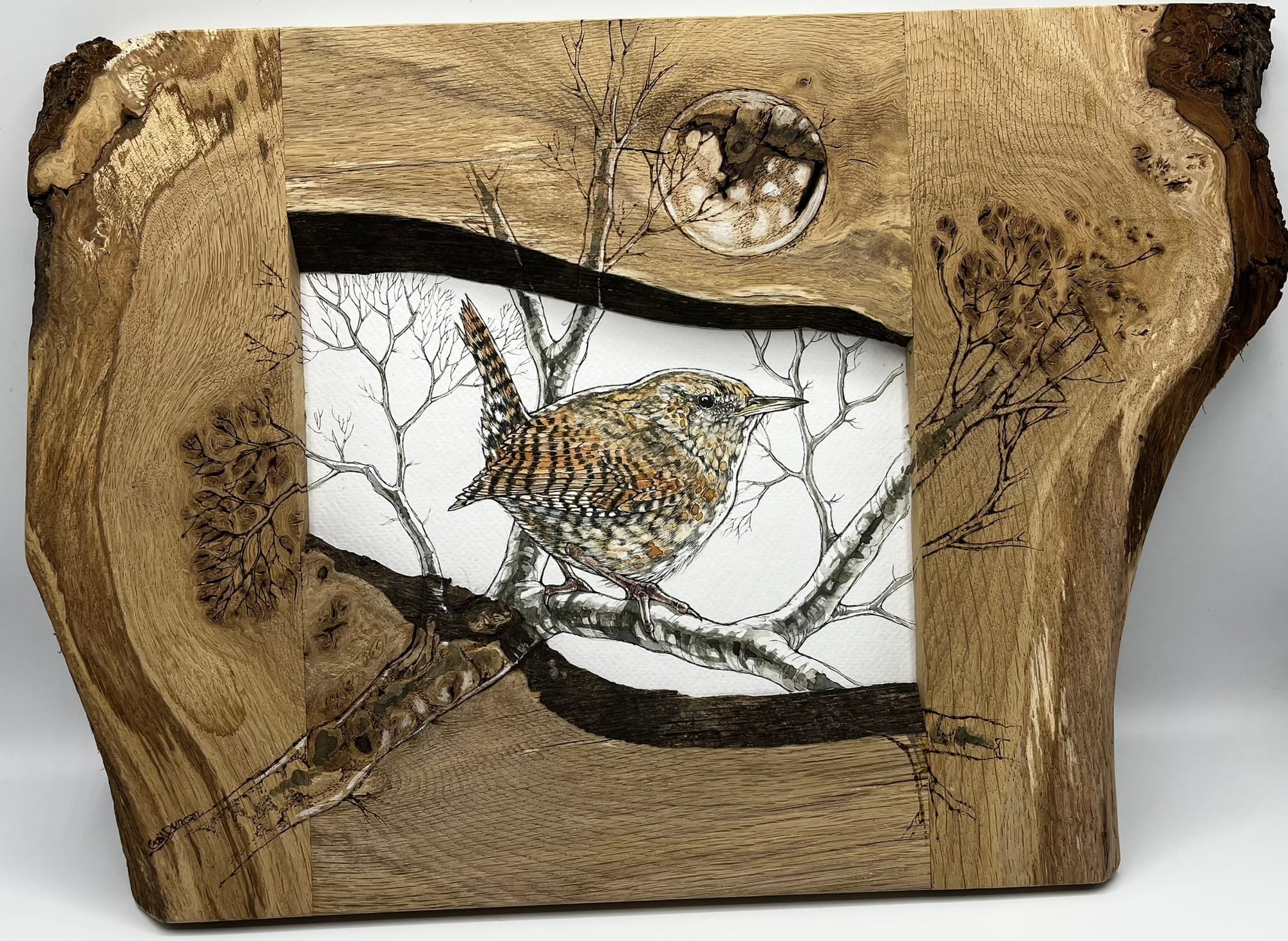 Bespoke hardwood frames, pen and ink illustration, and pyrography - 'PINKS'