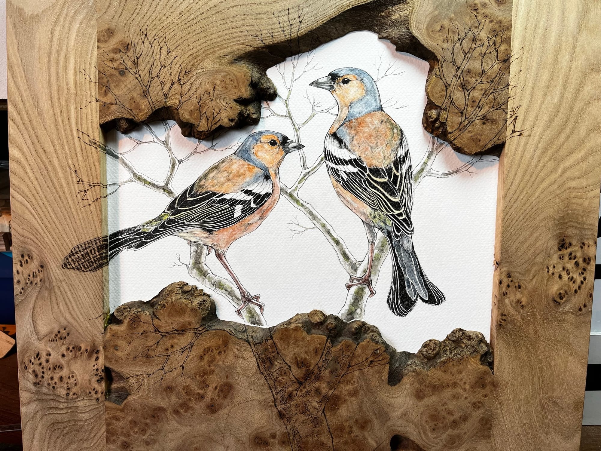Bespoke hardwood frames, pen and ink illustration, and pyrography - 'PINKS'