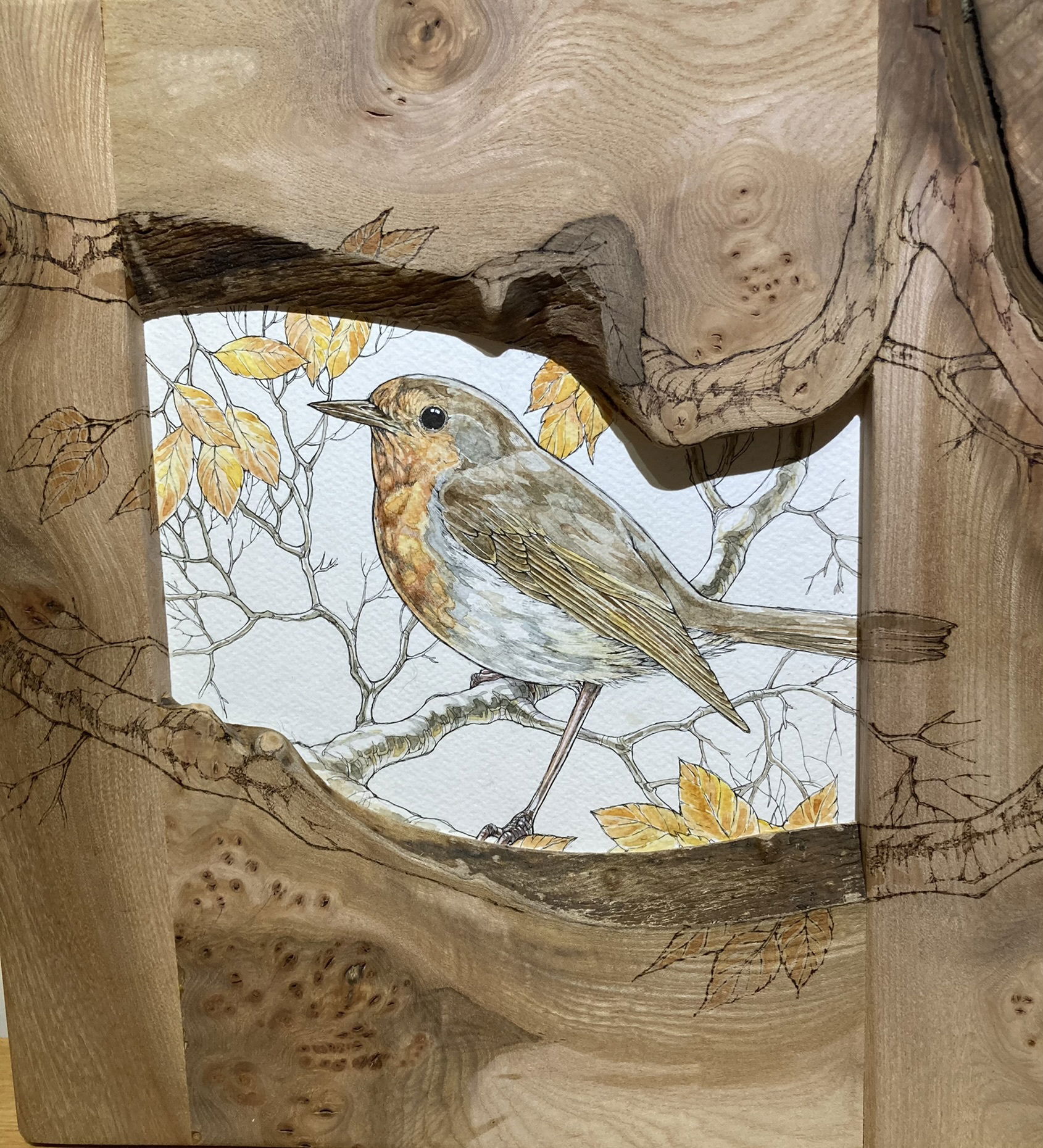 Bespoke hardwood frames, pen and ink illustration, and pyrography - 'PINKS'