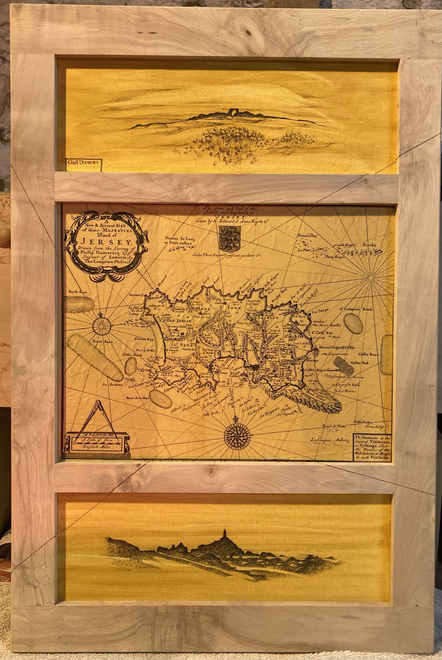 Pyrography on boxes, mirrors and furniture.