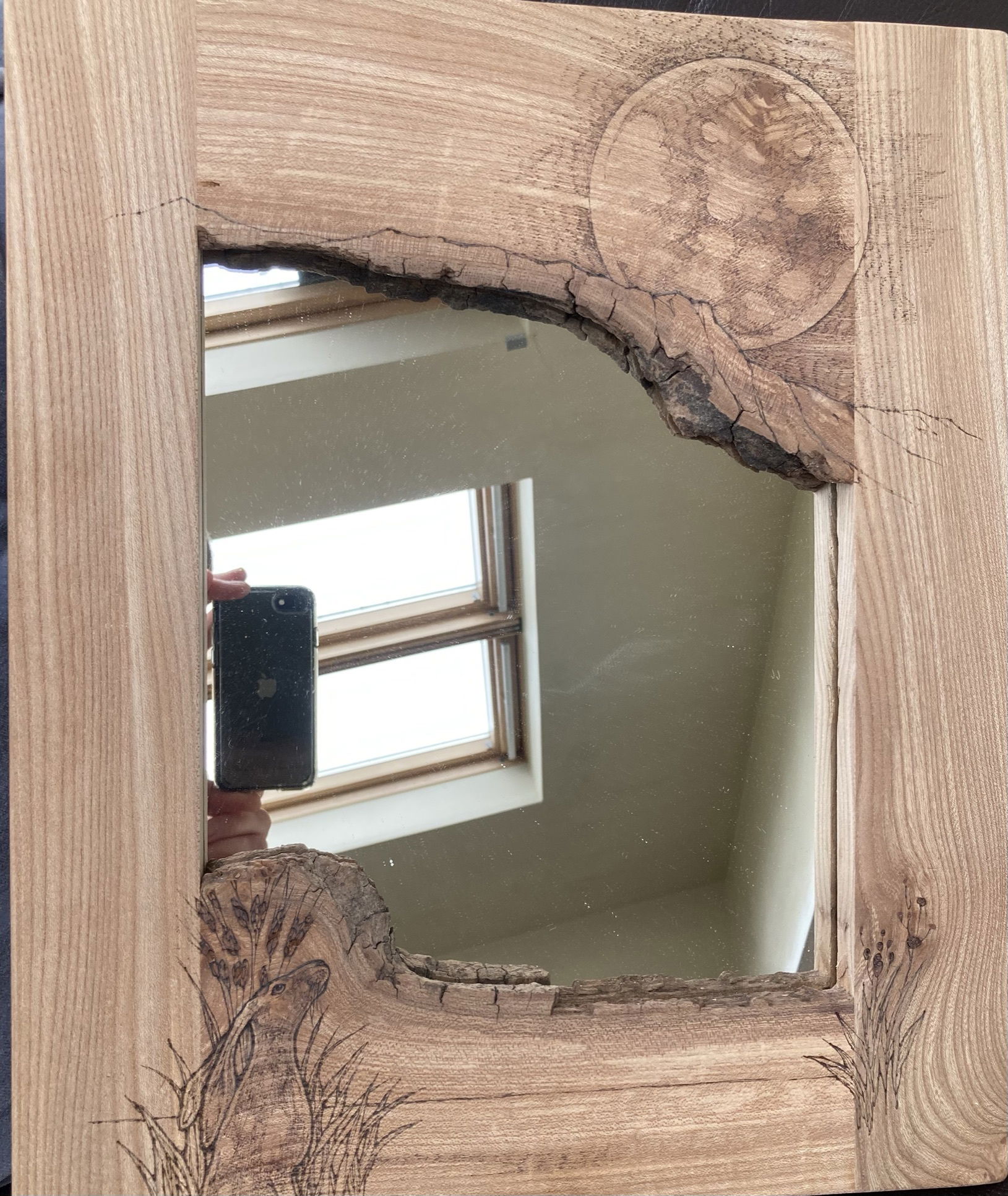 Pyrography on boxes, mirrors and furniture.