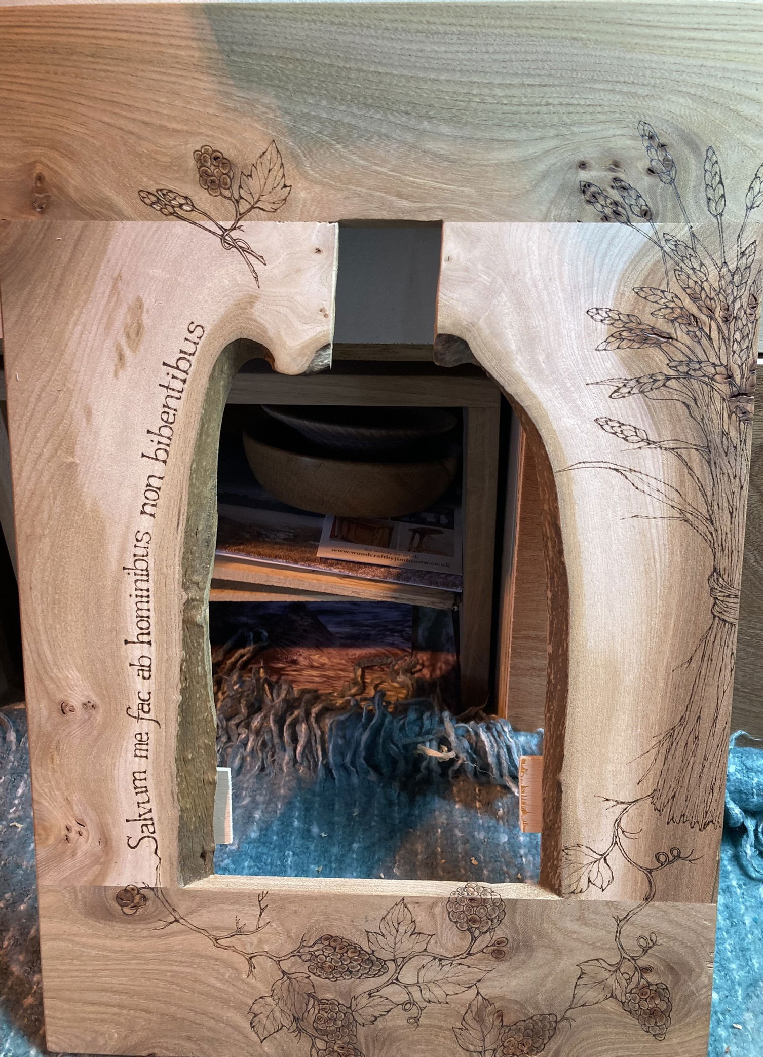 Pyrography on boxes, mirrors and furniture.