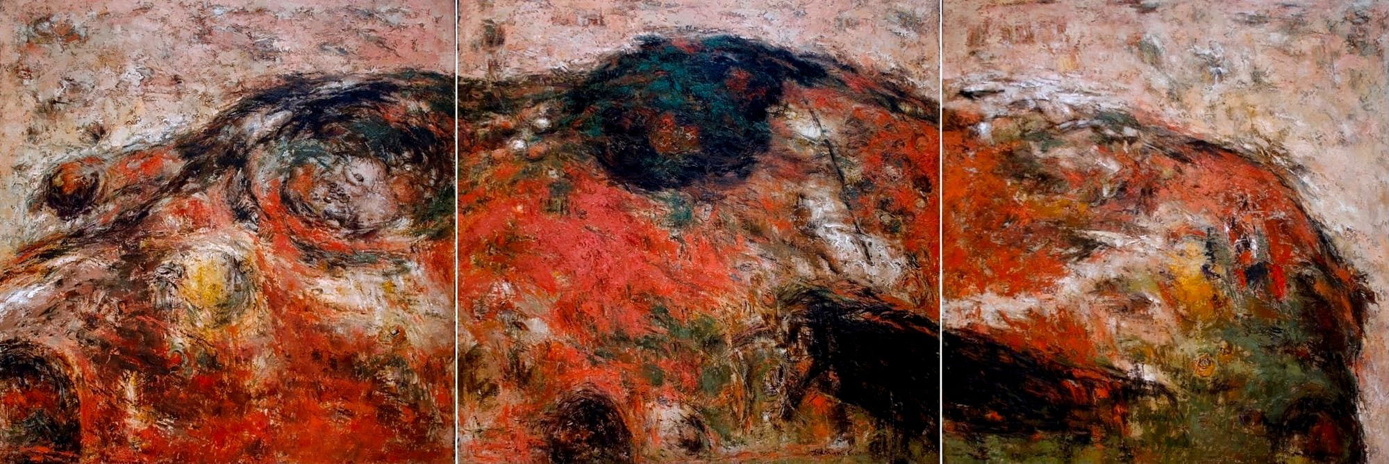 Oven( Reminder of baking place), Mixed media-Oil on canvas,175 x 505 cm