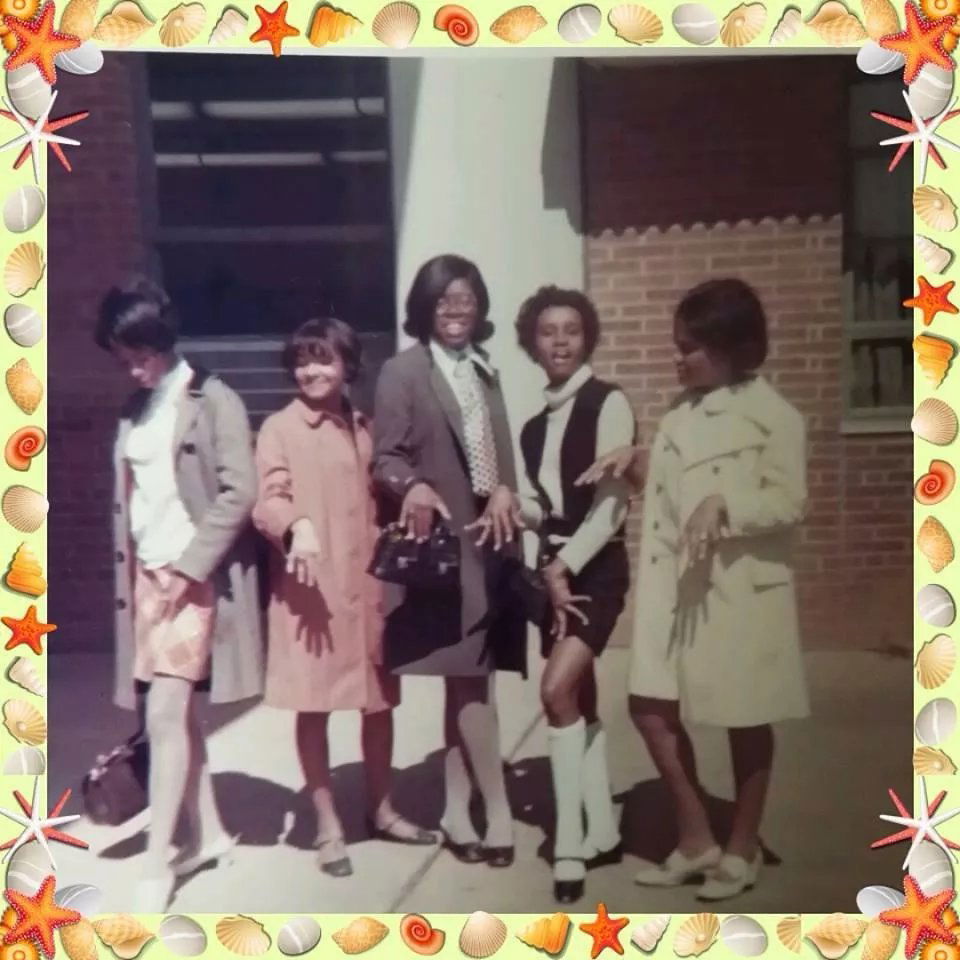 Classmates Anita Brooks Johnson, Gloria Martin Brown, Eleanor Davis, Dorothy Shipman and Rita Leake Franklin showng off their class rings circa 1969