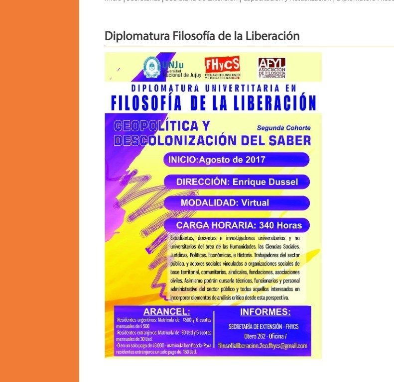 Diplomatura Filosofía de la Liberación GEOPOLÍTICA Y DESCOLONIZACIÓN DEL SABER - Segunda Cohorte