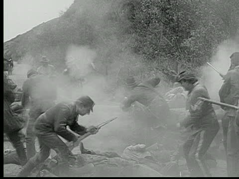 Civil War, 1913 Reenactment Bw Wide Shot Army Officers And Soldiers Shooting At Each Other With Rifles And Pistols During Civil War