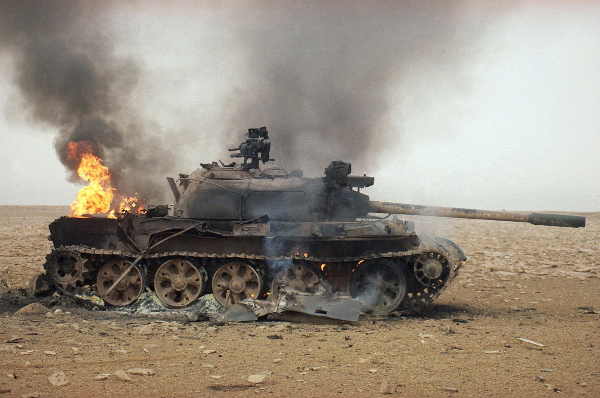 Gulf War Iraqi Army T-55 destroyed by TOW anti-tank missile during the first Gulf War