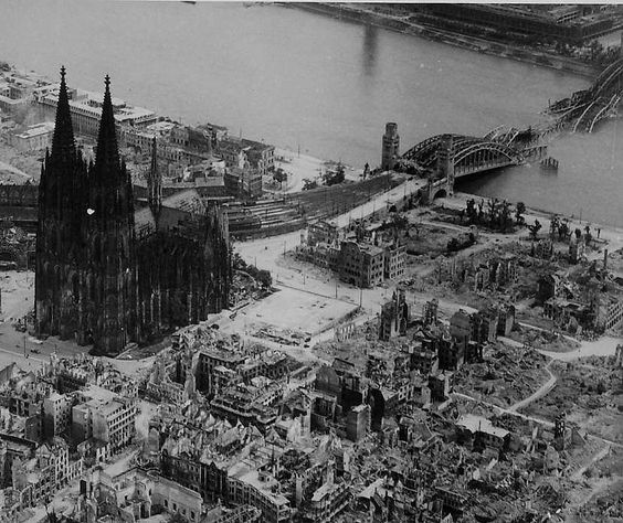 1944, Cologne Cathedral one of few buildings left standing after World War II air raids.