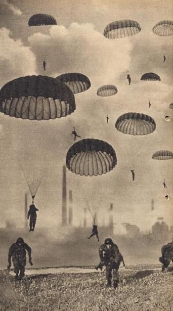 World War 2, German paratrooper, soldiers dropping from the sky landing on the ground.