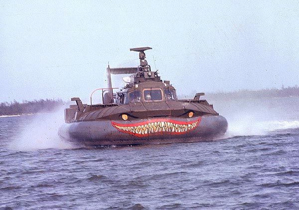 Vietnam War An American Navy Hovercraft moves through the water, Vietnam, 1968