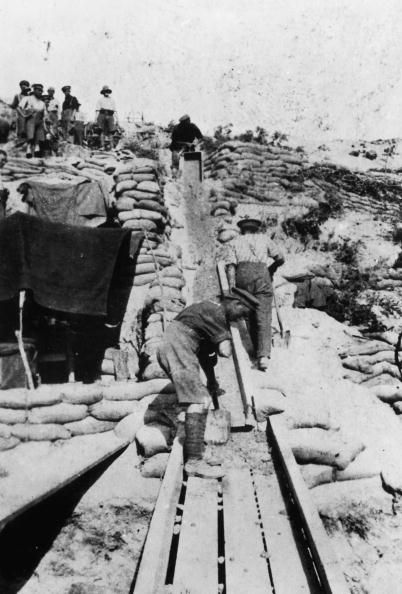 World War 1 Anzac soldiers working on a mud chute at a mining operation at Quinn's Post, during the Gallipoli campaign 1915