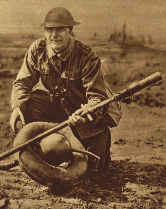 World War 1. British soldier with captured German flamethrower.