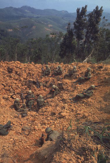 Vietnam War Stranded Marines on bombed-out hillside, awaiting rescue supplies during Operation Pegasus, Vietnam, 1968