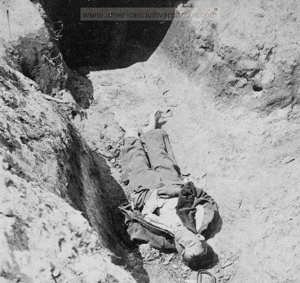 Civil War April 12, 1865 Confederate boy, age 14, lies dead outside bomb proof in trenches of Fort Mahone