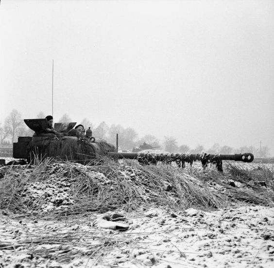 World War 2 A Sherman Firefly dug-in near Gangelt, on the Dutch,German border, 1 January 1945.