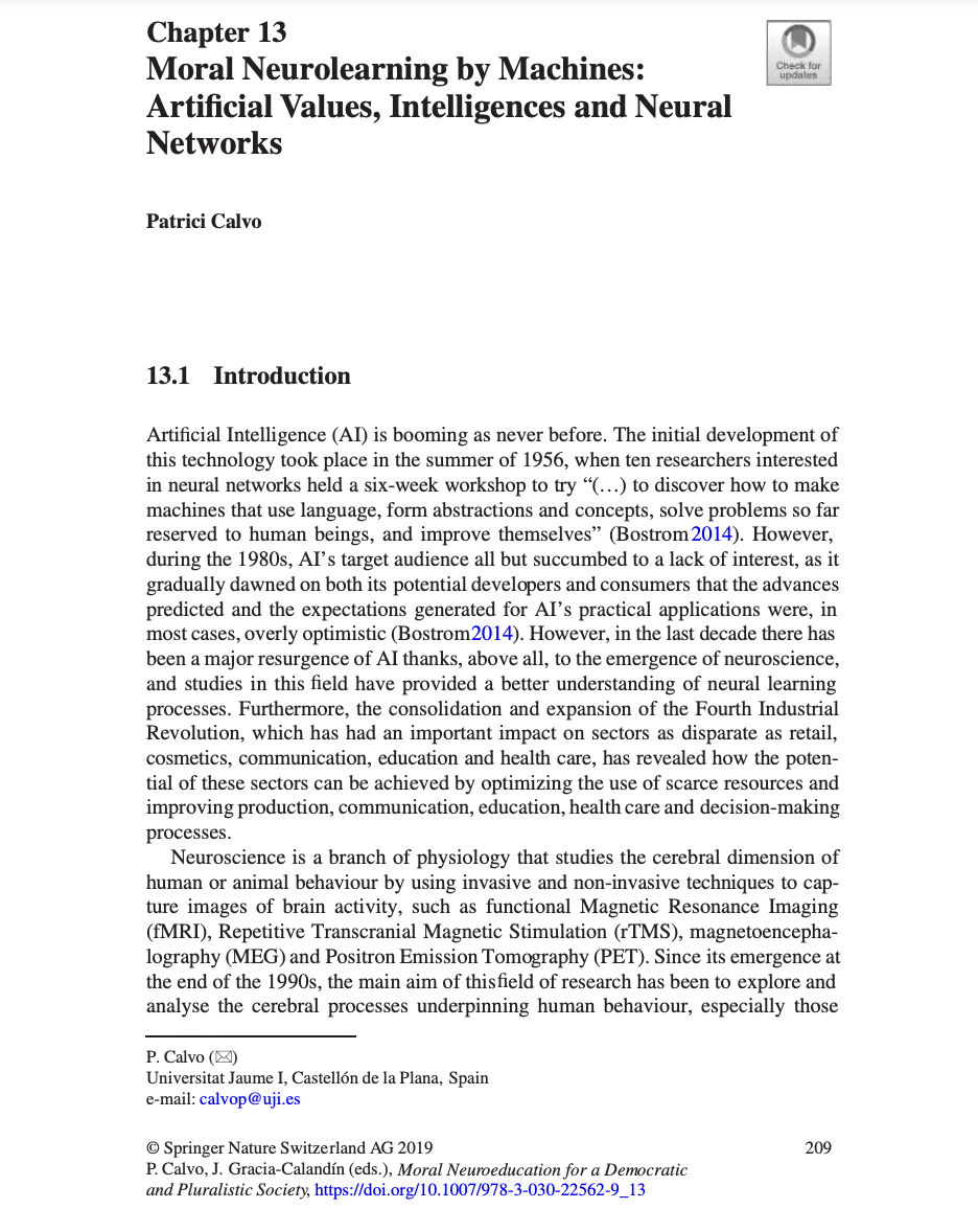 [Capítulo] Moral Neurolearning by Machines: Artificial Values, Intelligences and Neural Networks
