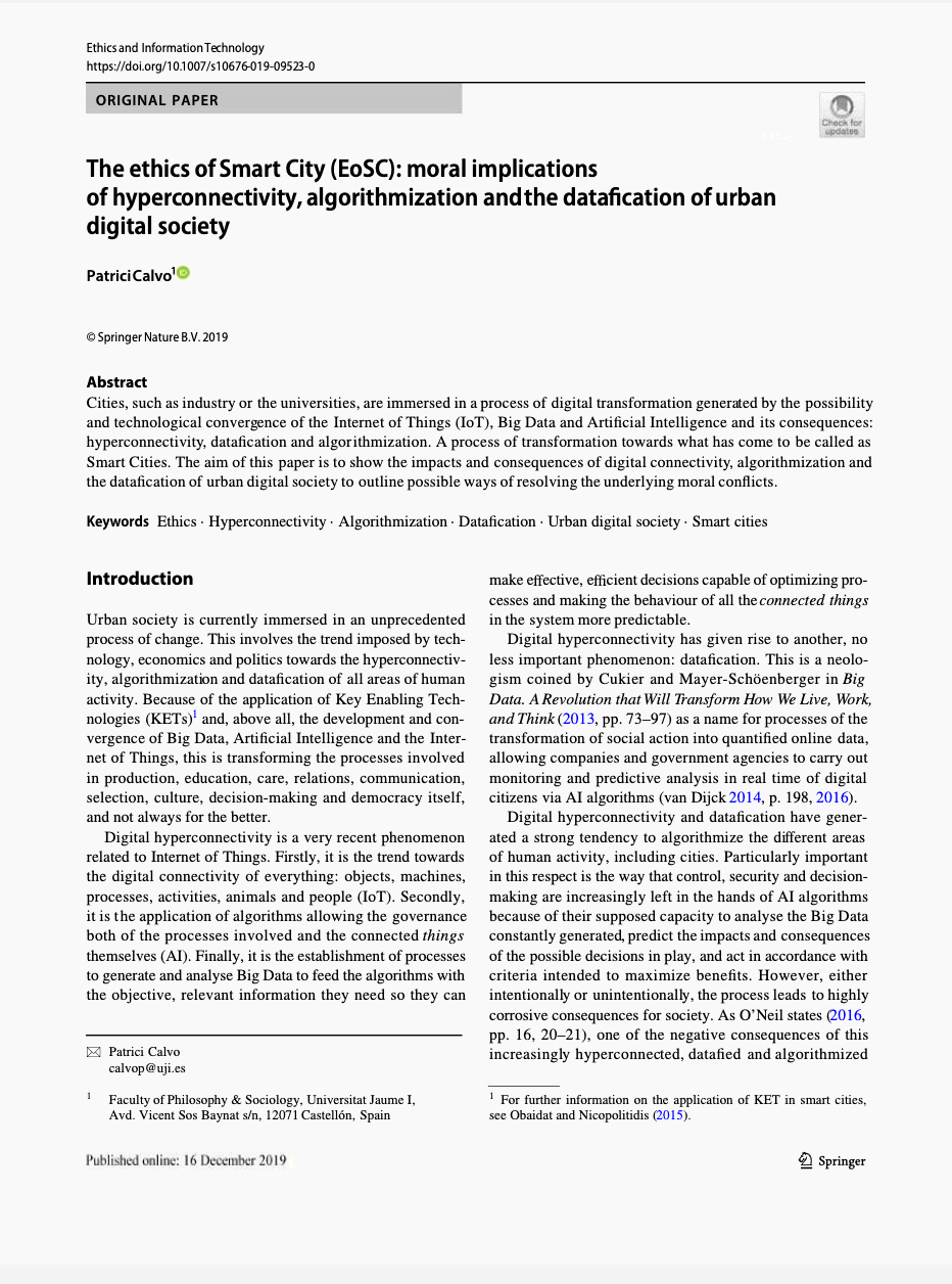 [Artículo] The Ethics of Smart City (EoSC): moral implications of hyperconnectivity, algorithmization and the datafication of urban digital society