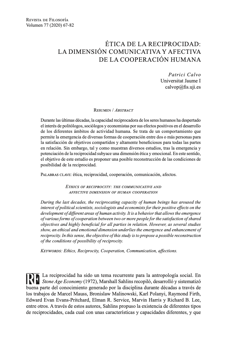 [Artículo] Ética de la reciprocidad: la dimensión comunicativa y afectiva de la cooperación humana