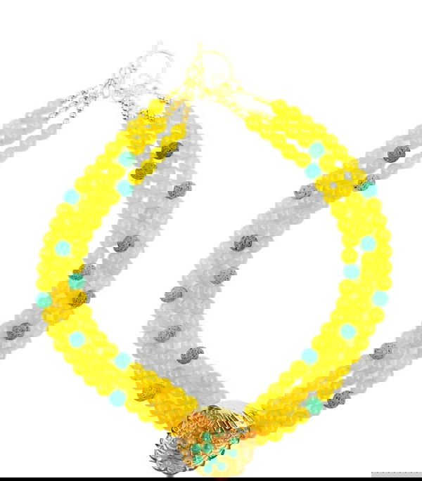 Yellow jade, green lava beads with vintage brooch