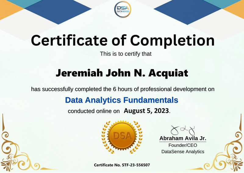 Other Data Analytics Certificates issued by DataSense Analytics