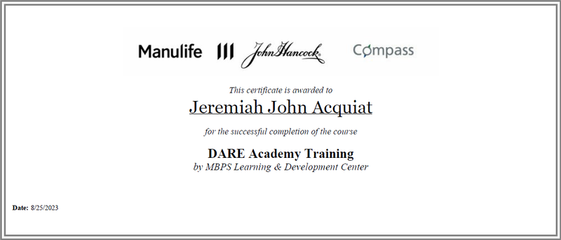 DARE academy certificates issued by Manulife