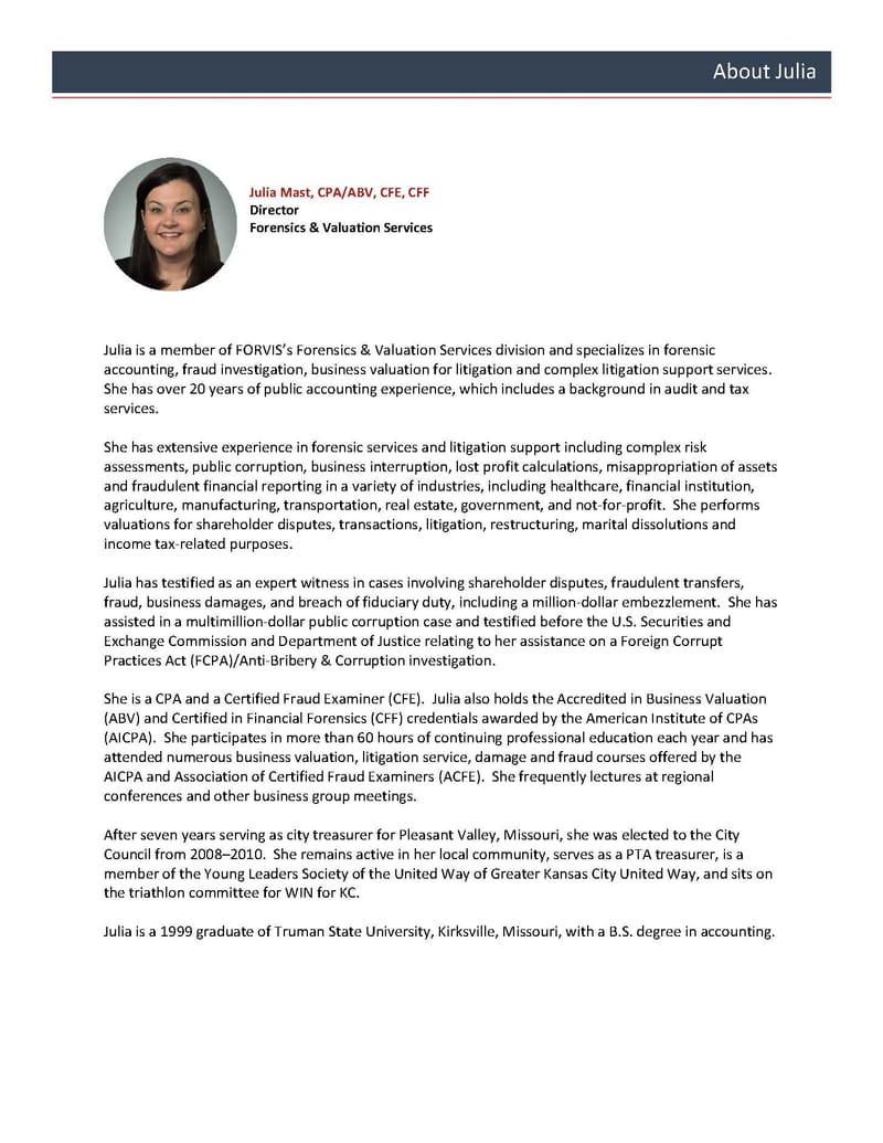 Forensic Auditor Julie Mast Report- Certified Fraud Examiner