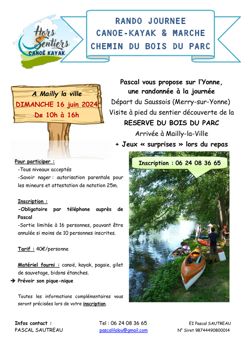 Dimanche 16 juin de 10h00 à 16h - Randonnée canoë-kayak & marche avec découverte de la réserve du bois du Parc