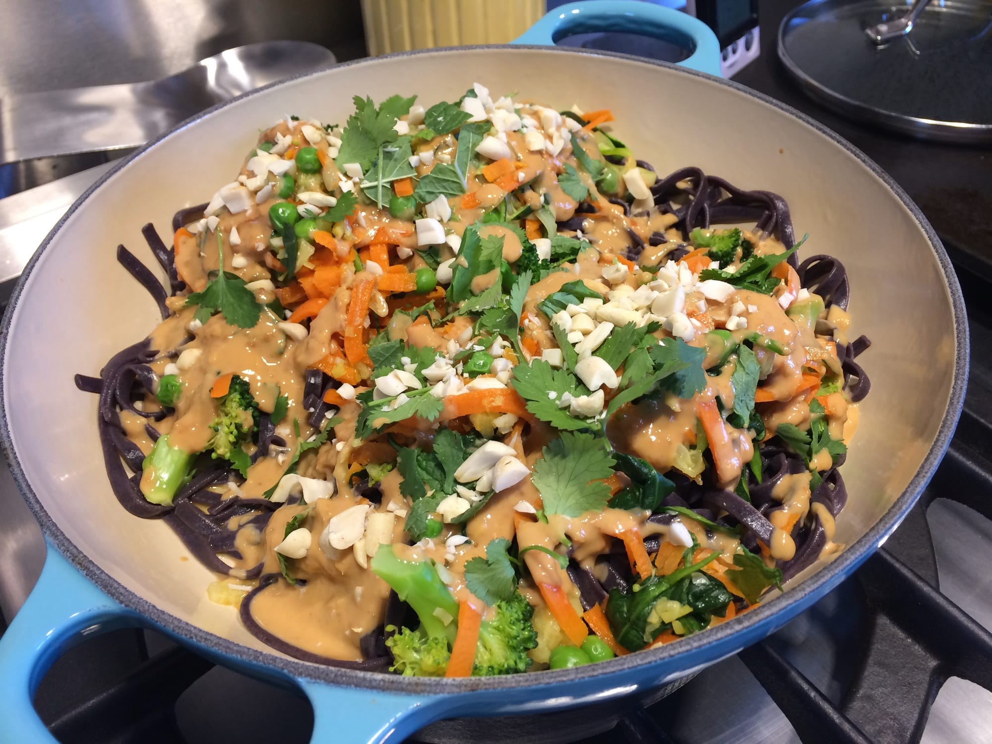 Veggie Stir Fry Over Black Rice Noodle with Peanut Ginger Sauce