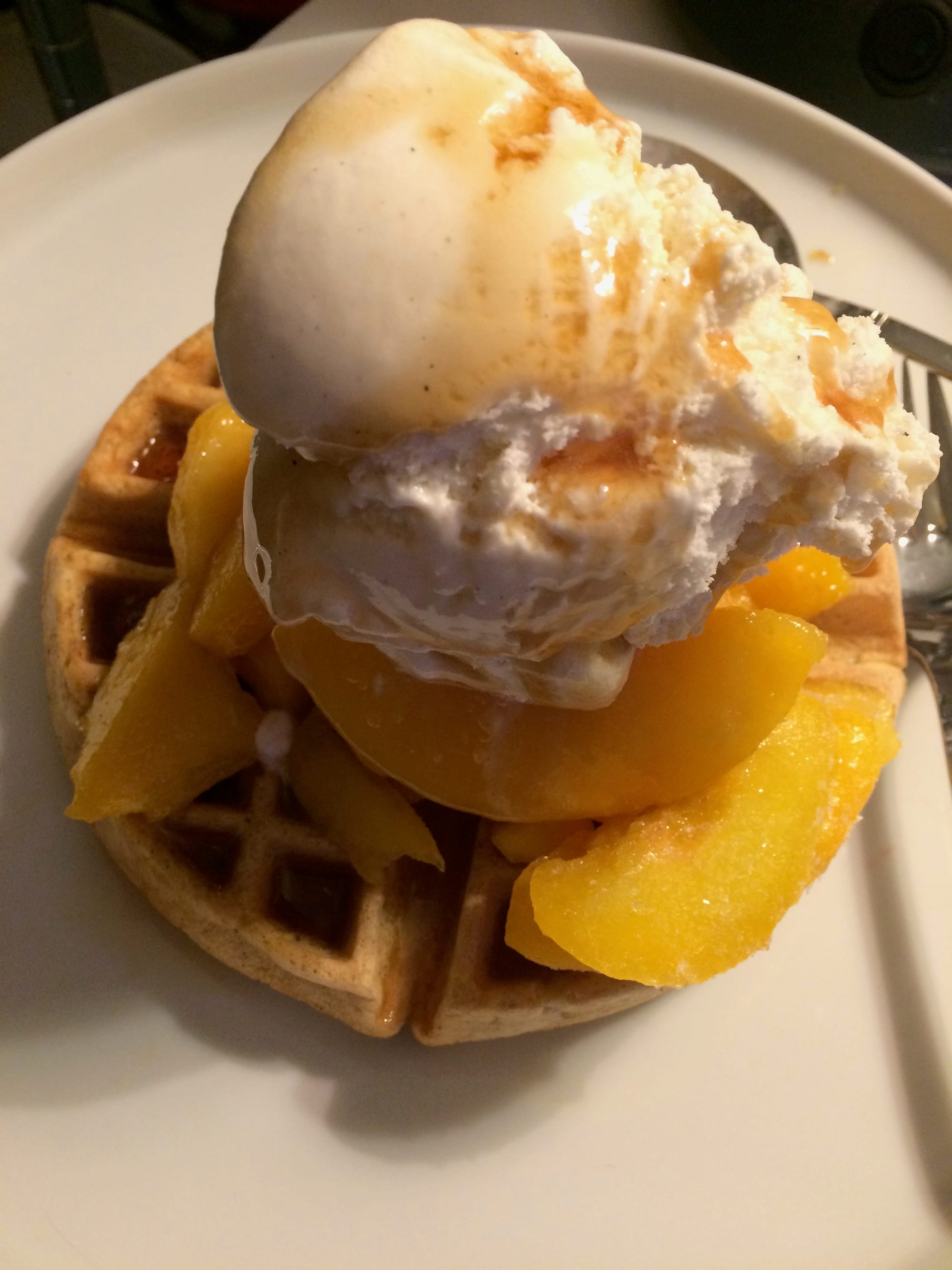 Vanilla Banana Ice "cream" over Peaches and Almond Waffles