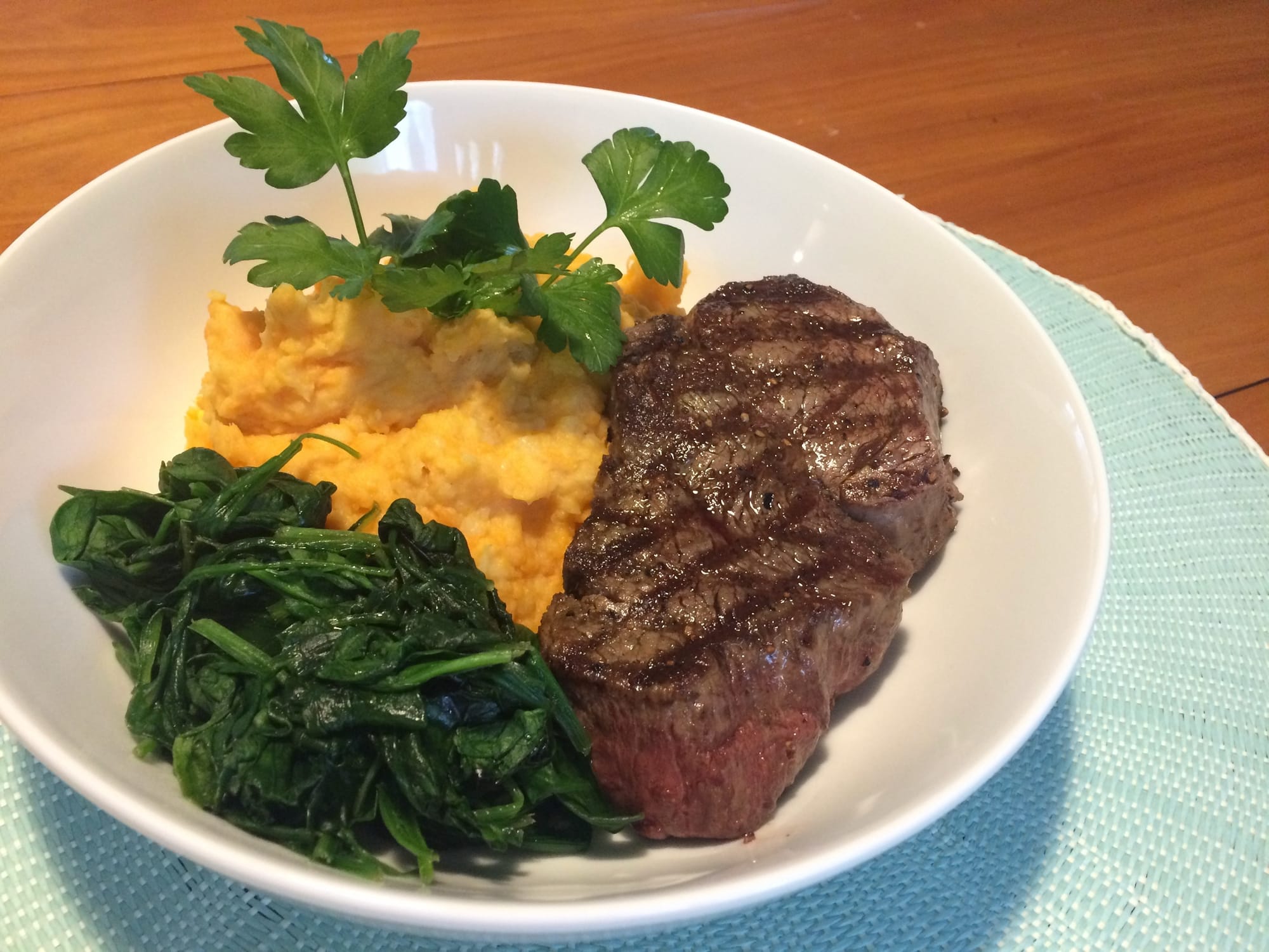 Filet of Beef Garlic Mashed Potatoes and Spinach