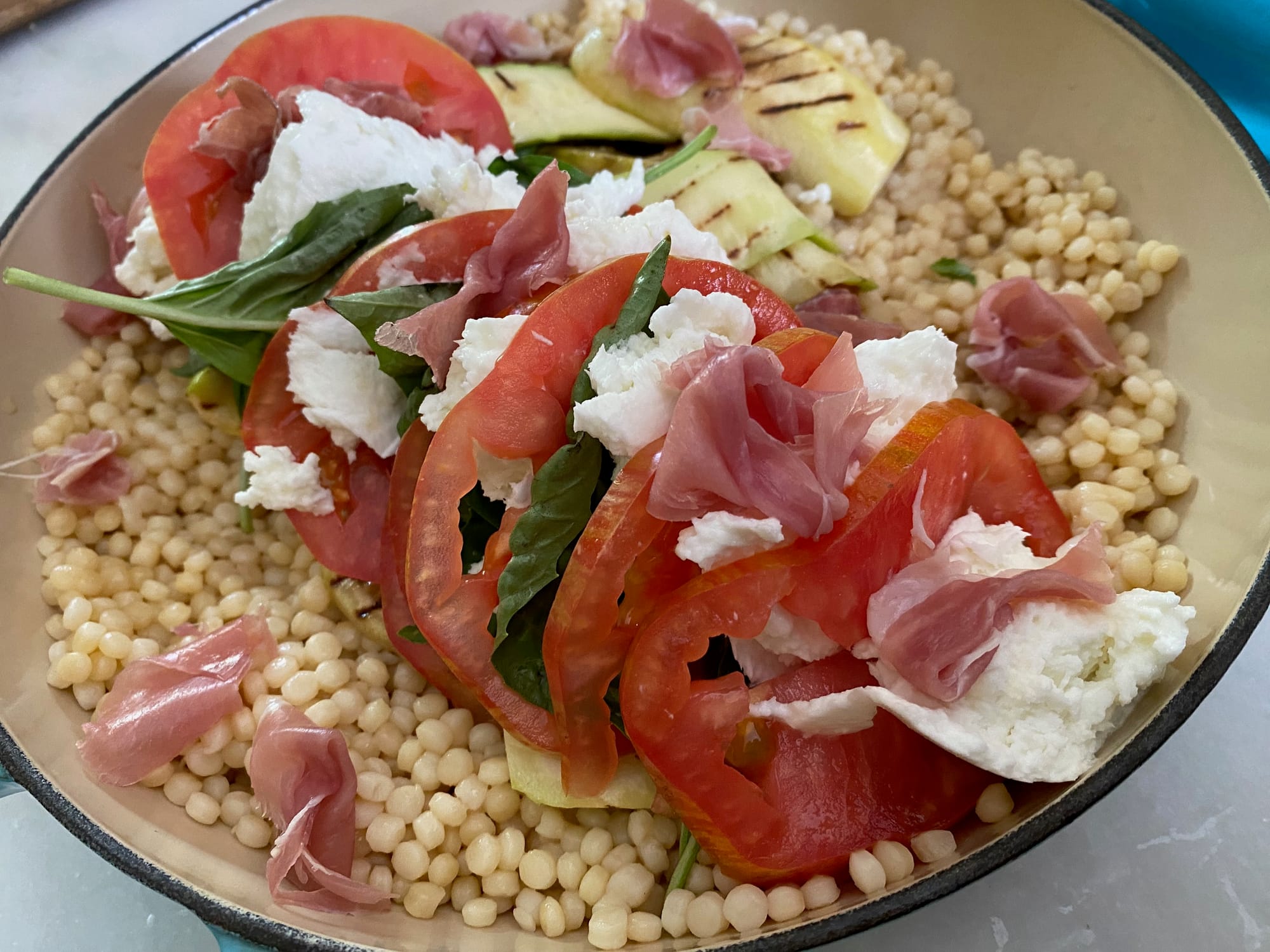 Caprese Salad over Lemon Cous Cous with Prosciutto