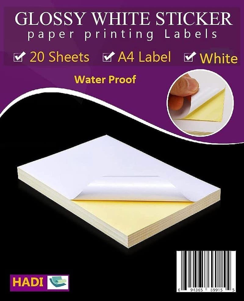 A4 Glossy White Sticker Paper Self Adhesive Labels, Waterproof for Inkjet Printer Full Sheet Label 20 Sheets -White -A4 Label Printable Sticker Paper for DIY Personalized Stickers, Labels, Decals.