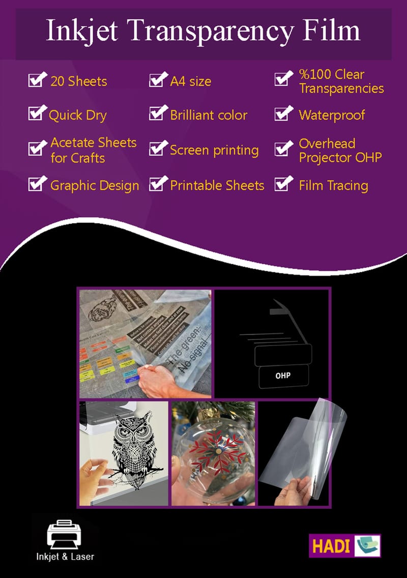 Inkjet Transparency Film- A4-100% Clear transparency- Acetate Sheets for Crafts,Overhead projector presentations OHP, Film Tracing Graphic Design Printable Sheets ,Screen Printing-Quick Dry-25 sheets