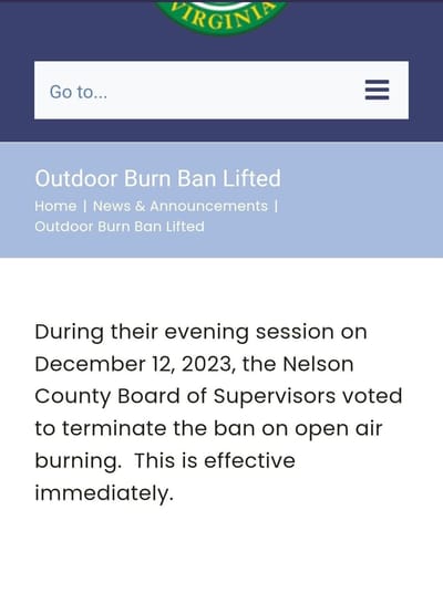 Nelson County Burn Ban Rescinded