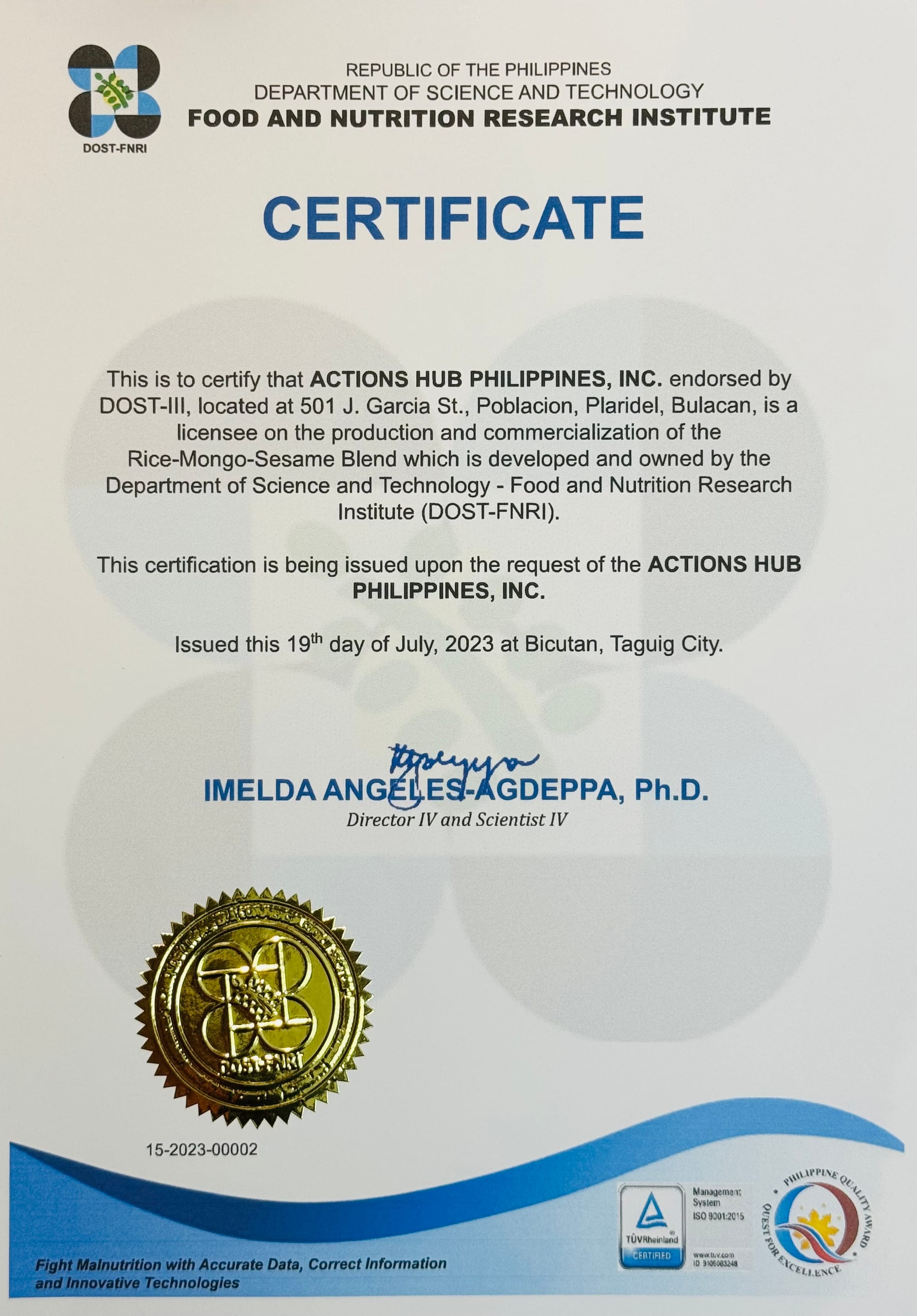 Rice-Mongo-Sesame Blend Technology | DOST-FNRI Certificate
