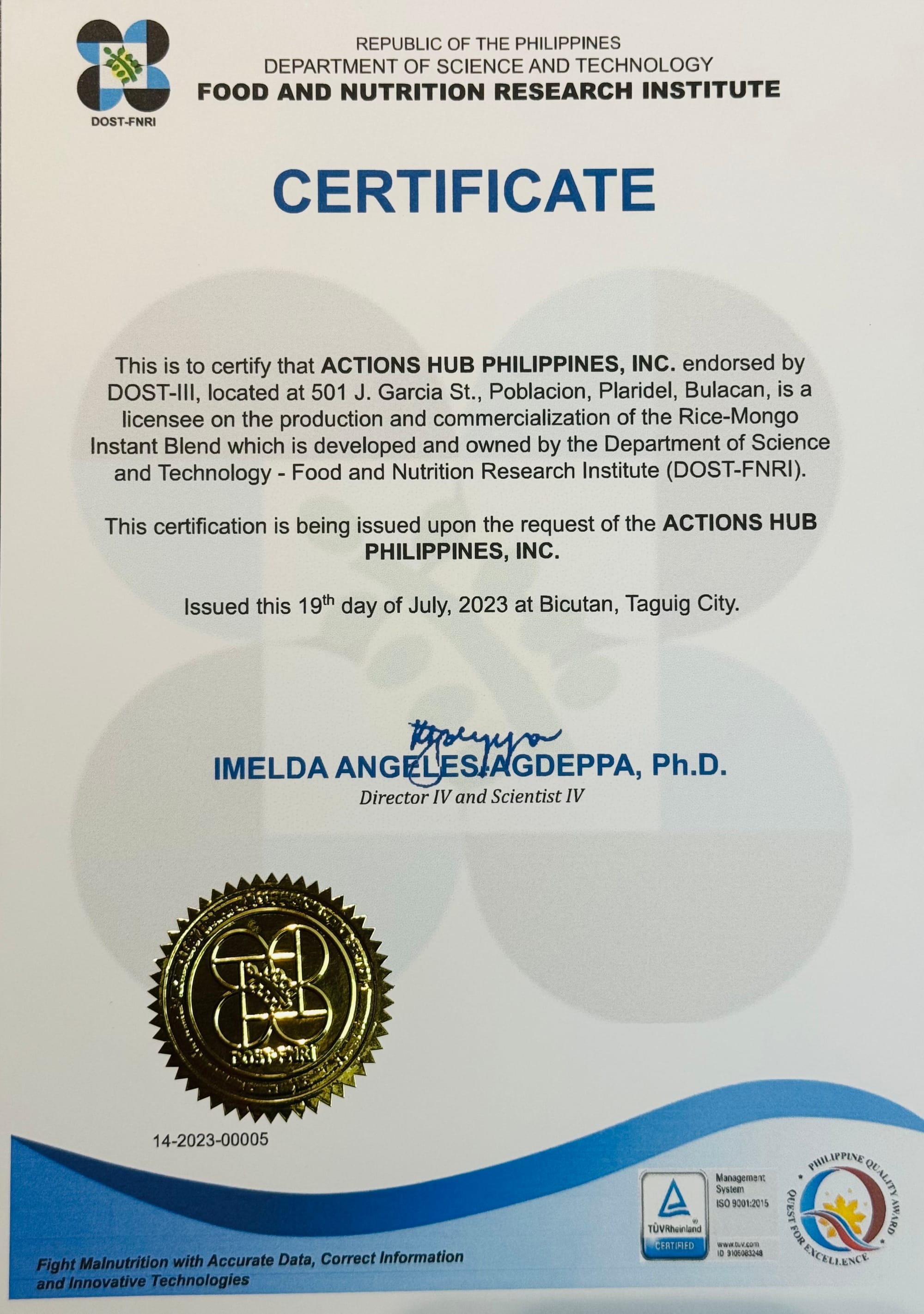 Rice-Mongo Instant Blend | DOST-FNRI Certificate