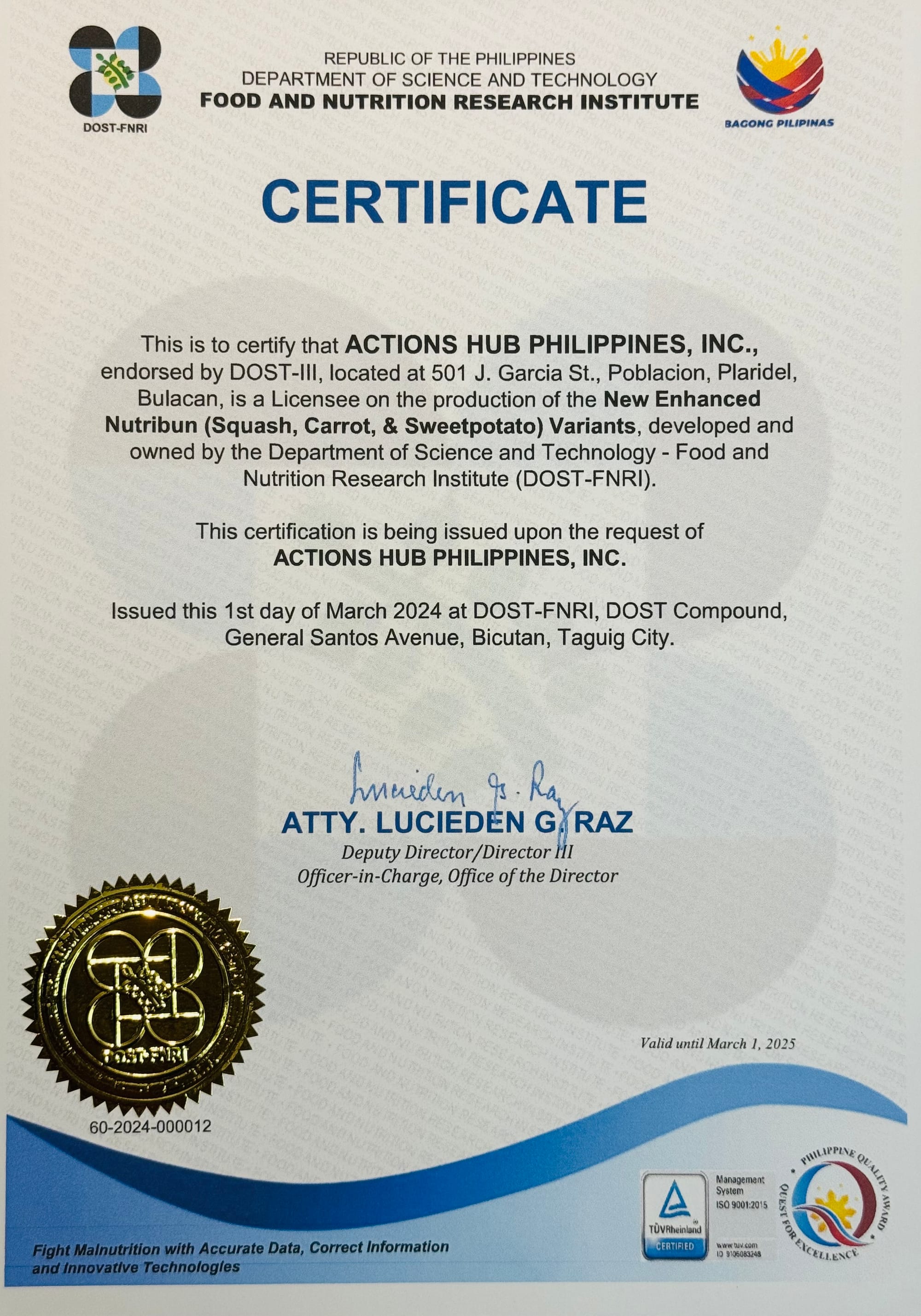 New Enhanced Nutribun Technology | DOST-FNRI Certificate