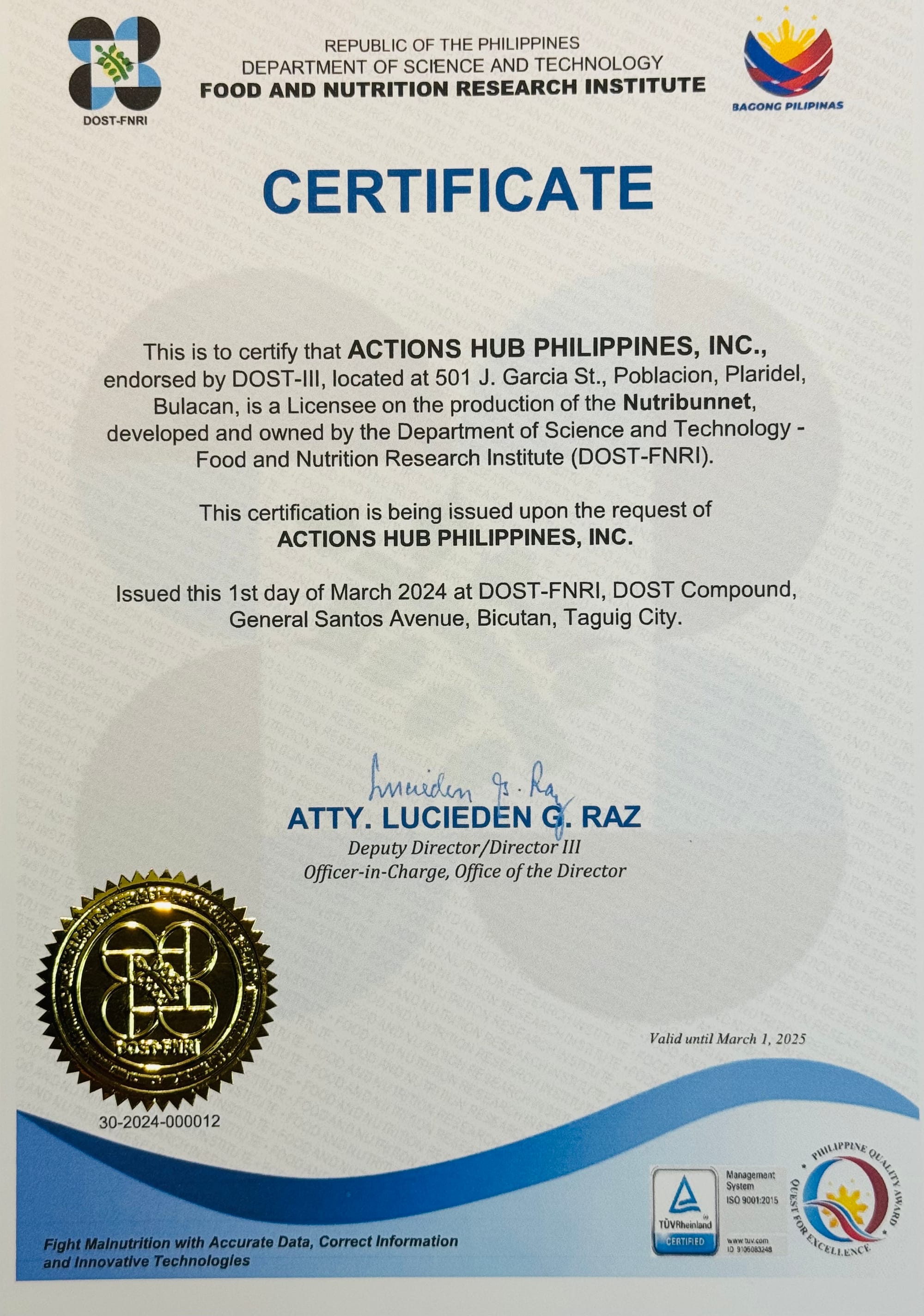Nutribunnets Technology | DOST-FNRI Certificate