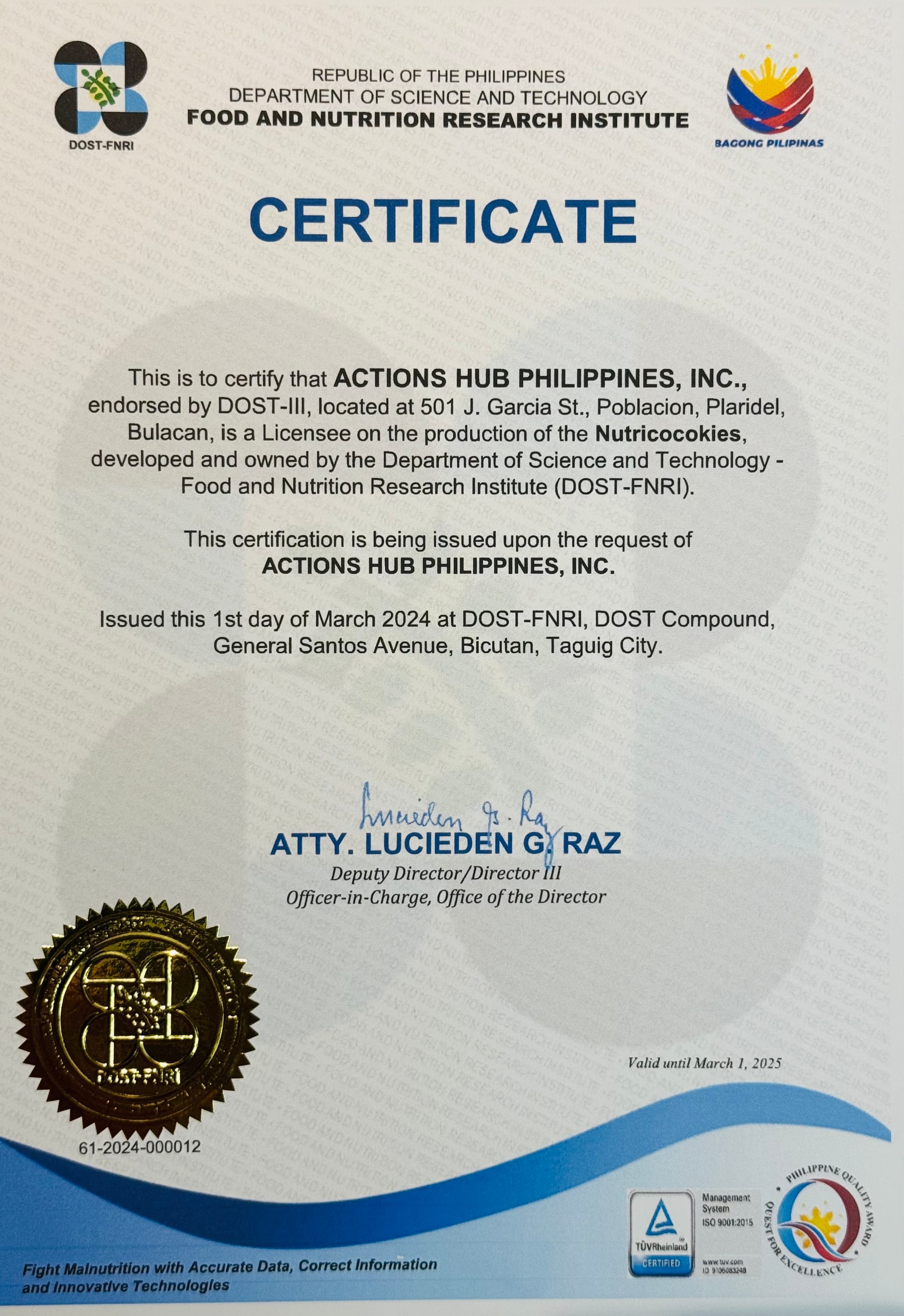 Nutricocokies Technology | DOST-FNRI Certificate