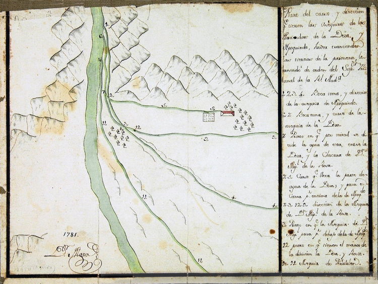 1781 Plano del curso y dirección de las aguas del Río Mapocho y de las acequias de La Dehesa y Apoquindo